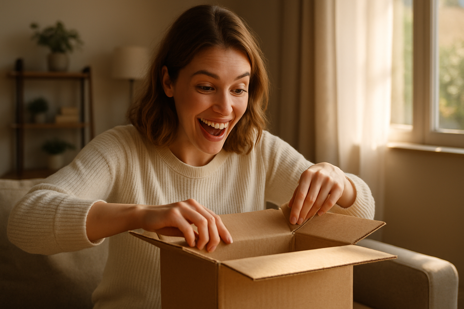 Foto ultrarrealista estilo lifestyle de una chica joven de tez blanca en su sala abriendo un paquete con gran emoción. Sonrisa amplia, ojos brillantes, manos rompiendo la caja de cartón, con decoración hogareña moderna y luz natural cálida que entra por la ventana. Captura texturas detalladas (cartón, muebles, ropa) y una expresión de alegría auténtica. Alta resolución, colores naturales, iluminación cinematográfica, 8K.